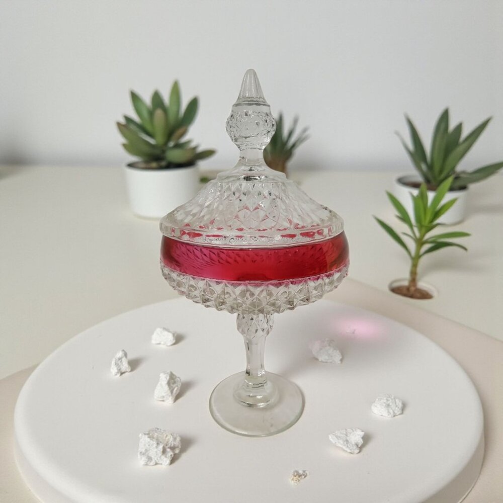 Vintage Diamond Point Ruby Flash Banded Compote Indiana Glass From 1965-1980.